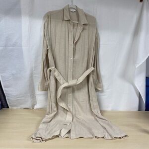 Vince Linen Shirt Dress Large Beige Belted Button Front Midi Neutral Minimalist
